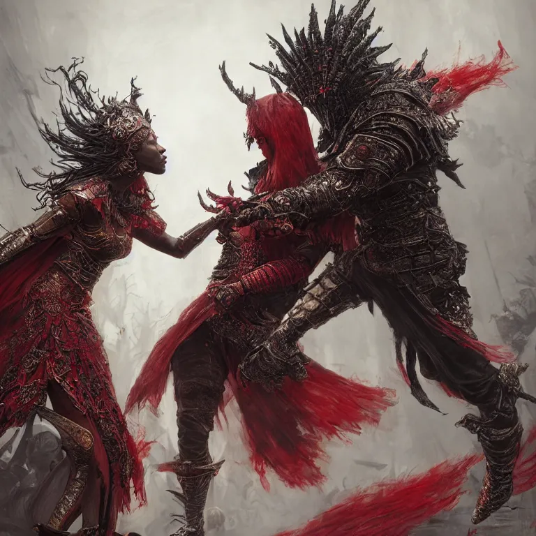 Image similar to dance of black man and a female red devil, Dark Souls 3 themed, in style of Ruan Jia, insanely detailed and intricate, elegant, ornate, luxury, elite, matte painting, cinematic, cgsociety, James jean, Brian froud, ross tran, Laputa