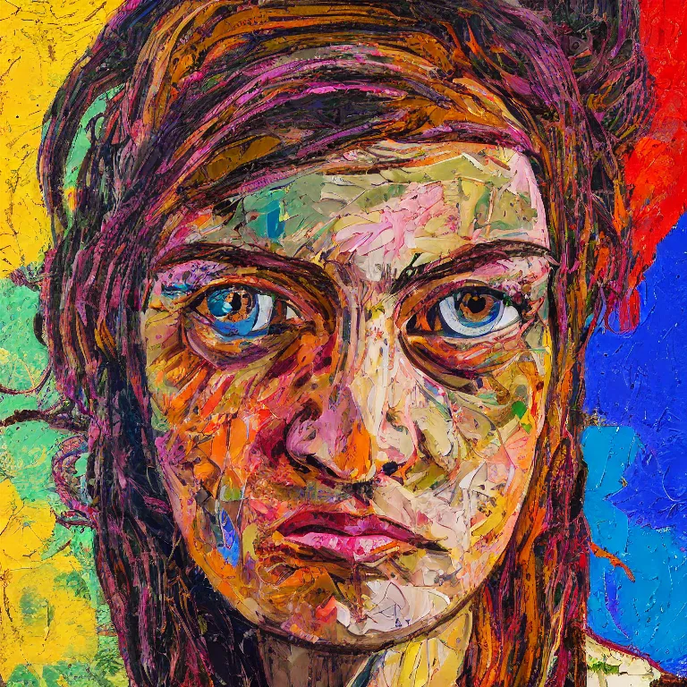 Image similar to close up studio portrait of lovely hippy chick symmetrical face with her hair in a patterned bandana in 1972, impasto heavy brushstrokes oil painting by Lucian Freud and Tim Hawkinson and Cy Twombly, Intense colors trending on artstation dramatic lighting Expressionism