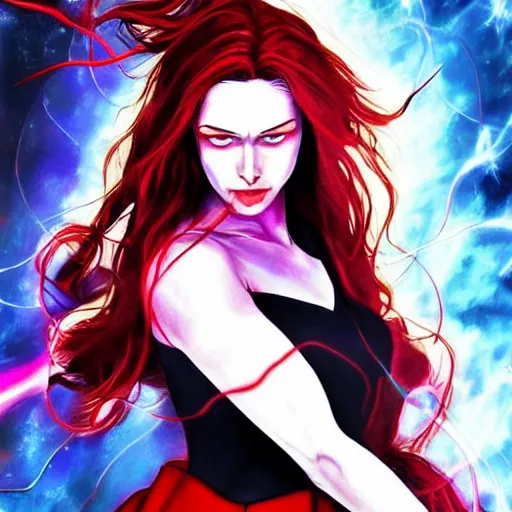 Image similar to scarlet witch going ultra instinct mode, artstation hall of fame gallery, editors choice, #1 digital painting of all time, most beautiful image ever created, emotionally evocative, greatest art ever made, lifetime achievement magnum opus masterpiece, the most amazing breathtaking image with the deepest message ever painted, a thing of beauty beyond imagination or words