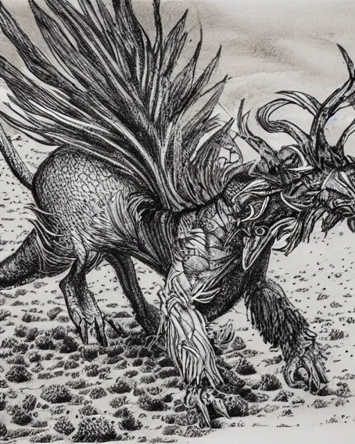 Image similar to pen and ink drawing of a manticore in the desert, by steve jackson and ian livingstone, highly detailed