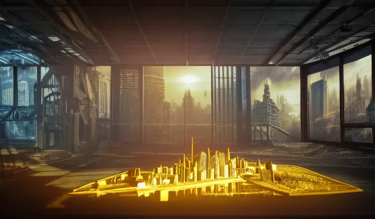 Image similar to sparse crowd of people in walled warehouse, looking at hologram of futuristic city on a table, cinematic concept art, godrays, golden hour, natural sunlight, 4 k, clear details, tabletop model buildings, center model buildings, hologram center, crane shot, crane shot, crane shot