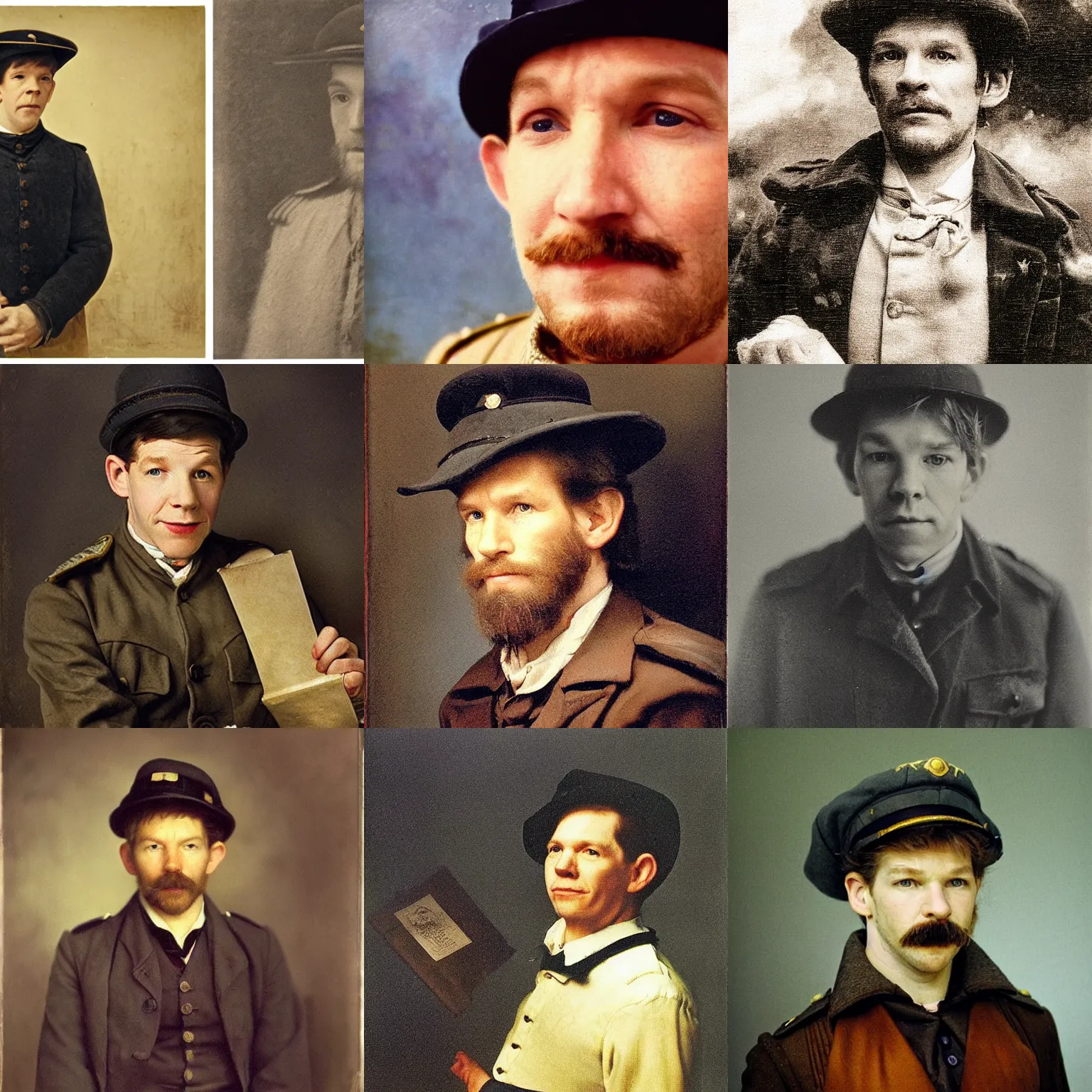 Prompt: thirtysomething years old lee evans as a ( ( ( sad ) ) ), dreamy, quirky 1 9 th century, austrian postman. detailed soft focus natural lights, portrait by rembrandt