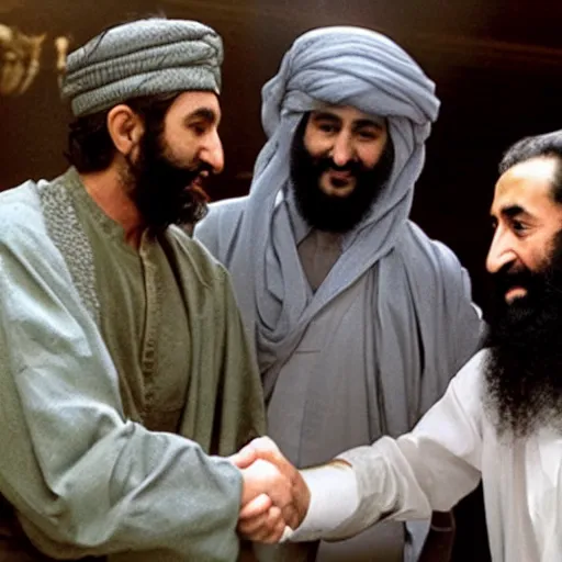 Image similar to george w bush shaking hands with osama bin laden, 8k cinematic lighting, very sharp detail, anatomically correct