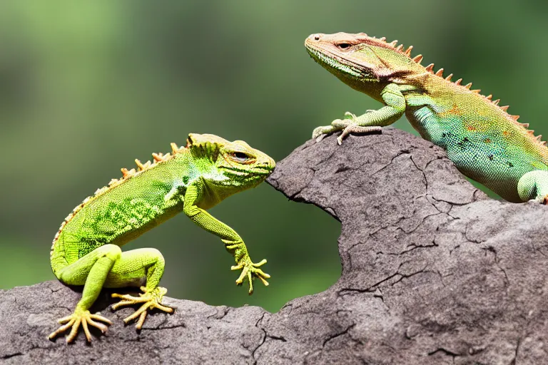 Prompt: photo of two lizards having an intense argument, comedy, depth of field