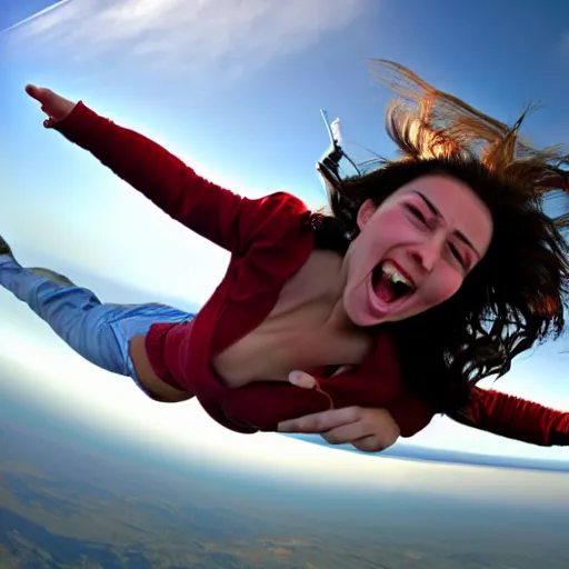 Prompt: photo, young woman, falling from plane, scared face, camera view from beneath the person