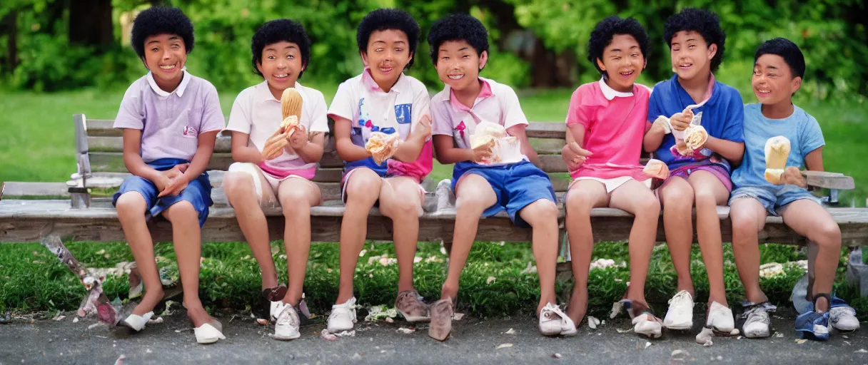 Prompt: a photograph for advertising of three multicultural kids on a bench eating ice cream shot by annie leibovitz, shallow depth of field, background school yard, kodak porto 4 0 0 film stock, zeiss 8 5 mm f 1. 2 color corrected and pts processed