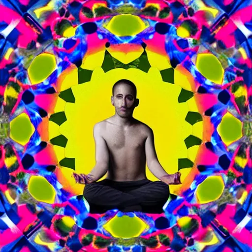 Image similar to A beautiful photograph of a man with a large head, sitting in what appears to be a meditative pose. His eyes are closed and he has a serene look on his face. His body is made up of colorful geometric shapes and patterns that twist and turn in different directions. It's almost as if he's sitting in the middle of a kaleidoscope! Sonic the Hedgehog by Charles Blackman lines, distorted