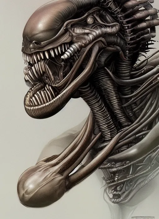 Image similar to a hyper detailed upper body portrait of ellen ripley hybrid xenomorph, by tom bagshaw, by zdzisław beksinski, trending on artstation
