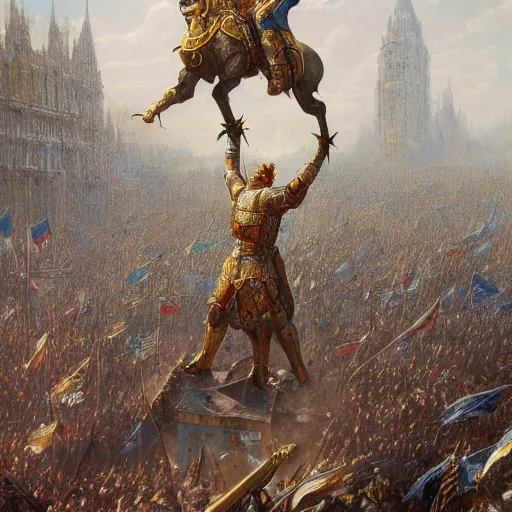 Image similar to artstation concept of a man in armor standing in a crowd gettig cheered, man with arms wide open, bright colorful, gold, hyperdetailed, artstation trending, world renowned artists, worth 1 0 0 0. com, historic artworks society, antique renewel, cgsociety, by greg rutkowski, by gustave dore, deviantart