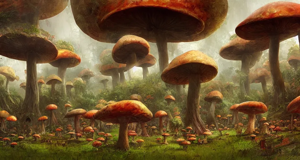 Image similar to A tribal village in a forest of giant mushrooms, by Marc Simonetti