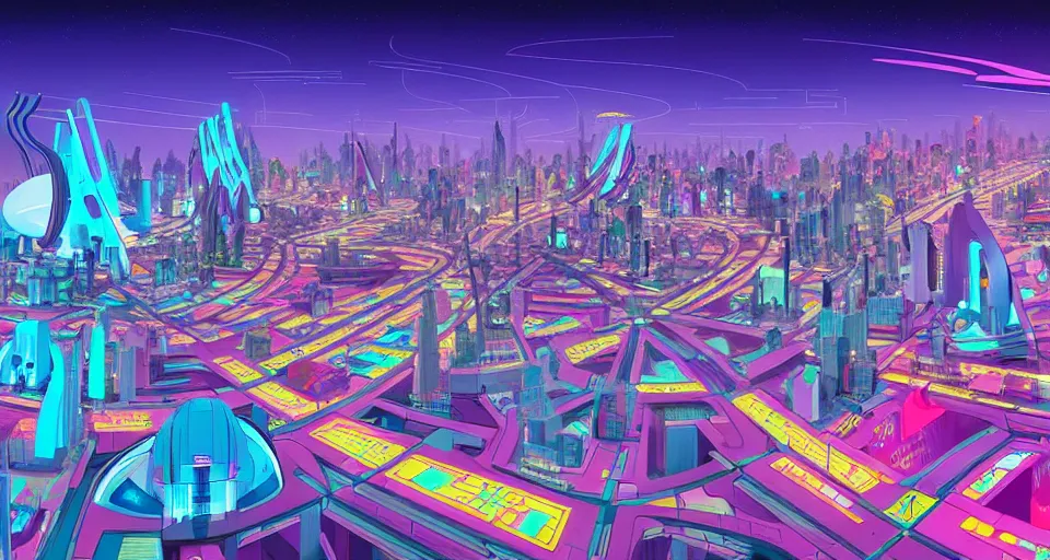 Image similar to a layout of amazing brightly colored sci - fi city designed by zaha hadid, cinematic lighting, detailed, beautiful colors, by greg rutowski and studio ghibli