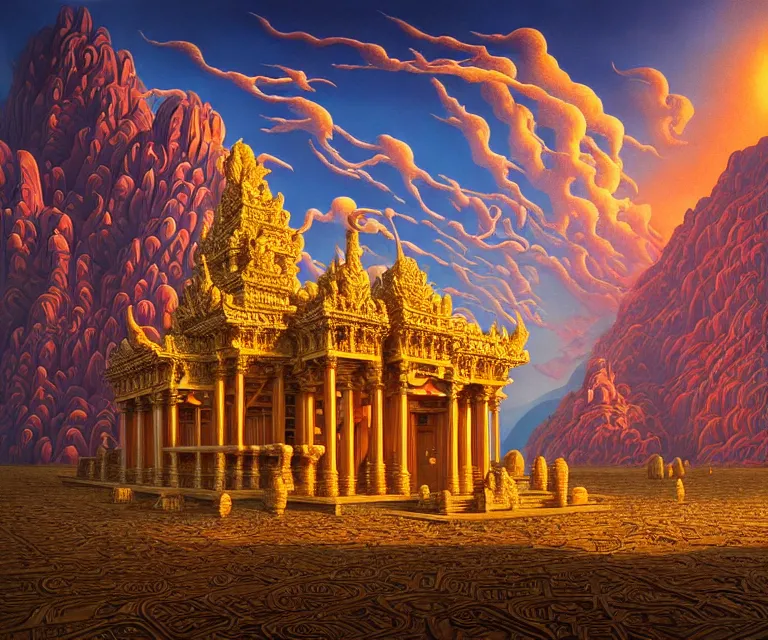 Image similar to hyper detailed 3d render like a Oil painting - ornate temple of the sun, dramatic sky in background, radiant, by Jacek Yerka, Mariusz Lewandowski, Houdini algorithmic generative render, Abstract brush strokes, Masterpiece, Edward Hopper and James Gilleard, Zdzislaw Beksinski, Mark Ryden, Wolfgang Lettl, hints of Yayoi Kasuma, octane render, 8k