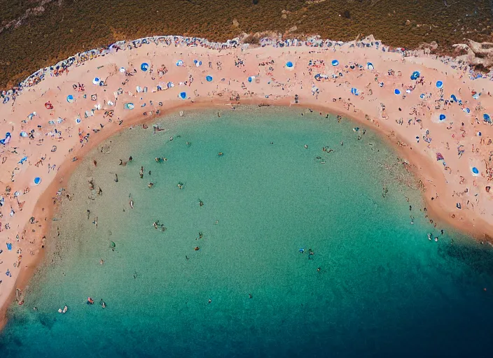 Prompt: symmetry!! a 2 8 mm macro aerial view of a crowded beautiful beach in greece, photography, film, film grain, canon 5 0 mm, cinematic lighting