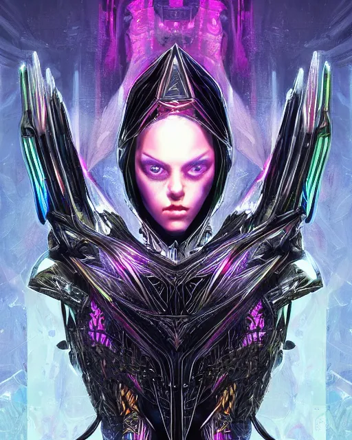Prompt: the omnipotent assassin, vivid award winning digital artwork, intricate black sharp iridescent hooded semi - cybernetic armour, beautiful iridescent colors technology and weapon, long symmetric spikes, glowing face, detailed realistic, specular colors, ornate colored gems, character art by greg rutkowski and artgerm