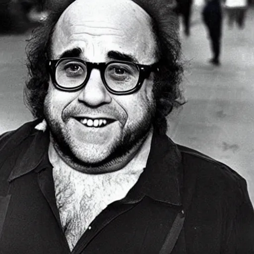 Image similar to danny DeVito dressed as a bob ross 1970s street artist, realism, detailed