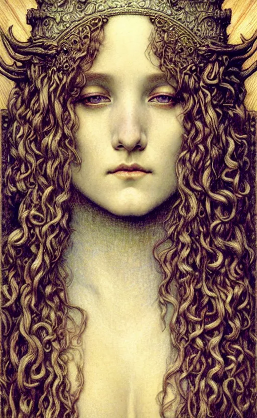 Image similar to detailed realistic beautiful young medieval queen face portrait by jean delville, gustave dore and marco mazzoni, art nouveau, symbolist, visionary, gothic, pre - raphaelite. horizontal symmetry