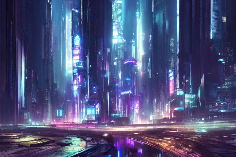 Image similar to a digital painting of a city at night, cyberpunk art by stephan martiniere, cgsociety contest winner, panfuturism, concept art, rendered in unreal engine, reimagined by industrial light and magic