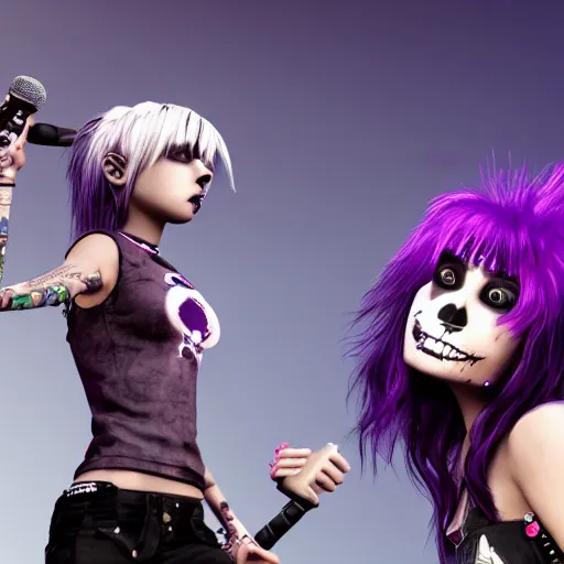 Prompt: high detail unreal engine render of a punk girl with purple emo hair, a skull shirt, and studded arm bands screaming into a microphone in pixar style 4 k