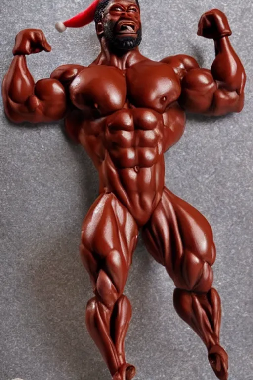 Prompt: muscular chocolate santa claus, chocolate santa claus bodybuilder, christmas sweet, photorealistic, highly detailed,