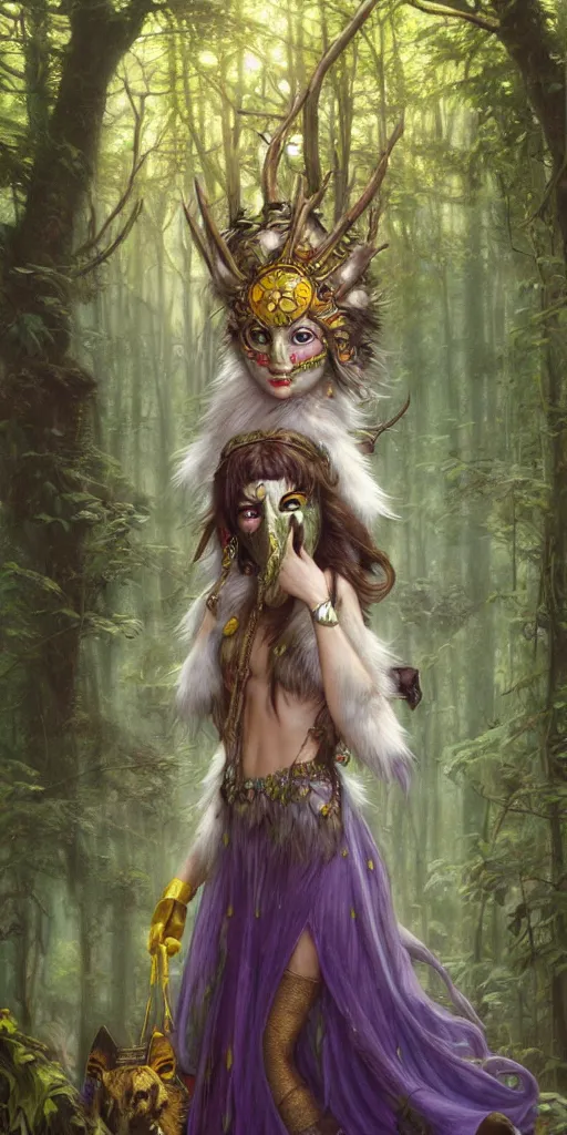 Image similar to hyper realistic Princess Mononoke in her mask, lush rainy forest landscape, wolves, magic, castle, jewels, style of tom bagshaw, mucha, james gurney, norman rockwell, gems and gold, waterfalls, denoised, sharp, yellow purple colours,