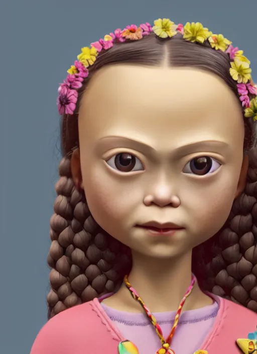 Image similar to closeup profile portrait of tin toy greta thunberg wearing a bikini, depth of field, zeiss lens, detailed, symmetrical, centered, fashion photoshoot, by nicoletta ceccoli, mark ryden, lostfish, breathtaking, 8 k resolution, extremely detailed, beautiful, establishing shot, artistic, hyperrealistic, octane render
