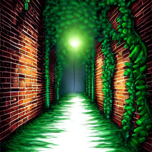 Image similar to a narrow brick alleyway lit with a streetlight, covered in vines, digital painting, hyperrealistic