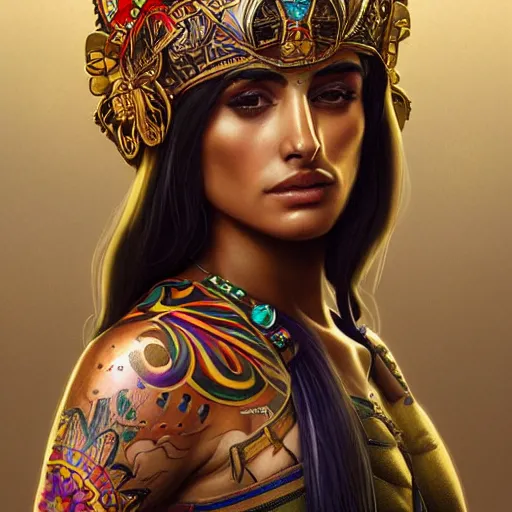 Image similar to an attractive young tattooed aztec female with piercings wearing an rainbow ornate metallic helmet, penelope cruz, olive skin, long dark hair, beautiful bone structure, intricate, elegant, highly detailed, digital painting, artstation, concept art, smooth, sharp focus, illustration, art by artgerm and greg rutkowski and alphonse mucha