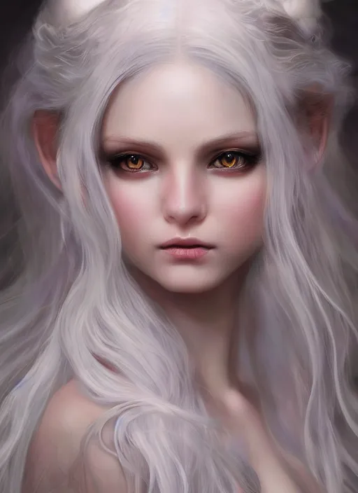 Image similar to pale, beautiful fairy spirit with long hair, fantasy, elegant, concept art, sharp focus, beautiful face!!, digital art, Hyper-realistic, 4K, Unreal Engine, Highly Detailed, HD, Dramatic Lighting, Beautiful, by Brom, trending on Artstation