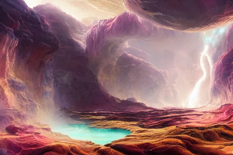 Prompt: Celestial majestic luxurios futuristic other worldly realm with Singaporean royal gold lush volcano, set on Antelope Canyon with white thermal waters flowing down pink travertine terraces, relaxing, ethereal and dreamy, during the thunderstorms and multiversal tornado with chaotic disaster, visually stunning, from Star Trek 2021, illustration, by WLOP and Ruan Jia and Mandy Jurgens and William-Adolphe Bouguereau, Artgerm