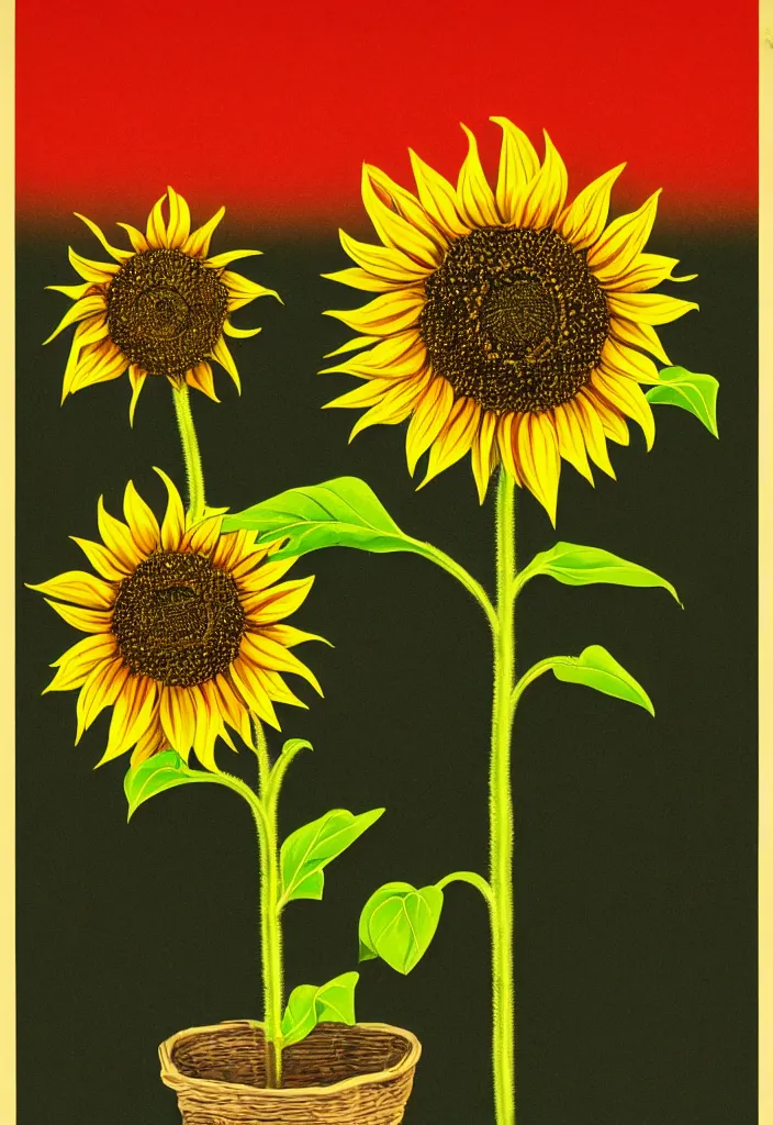 Image similar to A communist Propaganda Poster of a single sunflower in a vast dry field.