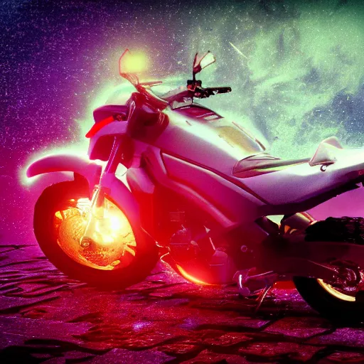 Image similar to a motorcycle floating in space inside magic colorful glowing fog, tilted camera, starry sky, tranquil, desolate, atmospheric, hazy, autochrome, 8k, octane render, unreal engine 5