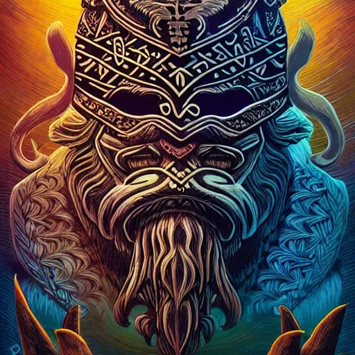 Image similar to barong family member, viking warrior, viking beard, reindeer horns, runic inscription, mammoth, wiwek, mara demon, one single tribe member, jungle, one single mask, dark, ancient warrior, tribal, inner glow, art by dan mumford and justin gerard