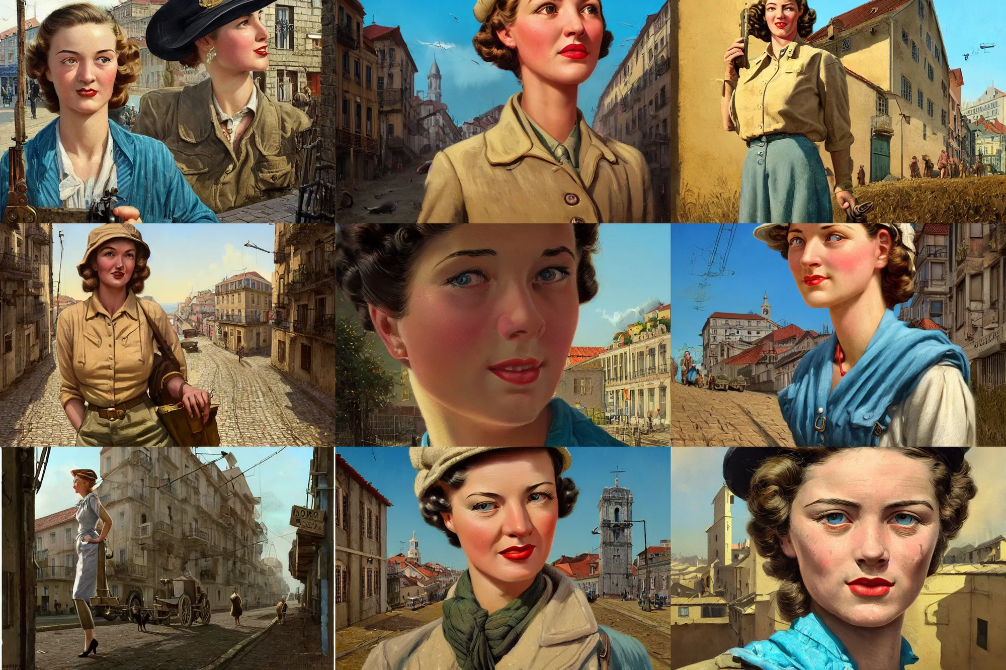 Prompt: A 1940s very highly detailed female farmer with very highly detailed face on the street of a very highly detailed 1940s city of lisbon digital rational painting art by Greg Rutkowski, ww2 highly detailed, digital concept art, Dimensional cyan gold natural light, sharp focus, Golden Ratio illustration, realistic concept art by Stephen Hickman and James Gurney and Hiromasa Ogura Ghost in the Shell rendered in Octane and Unity and Blender and 3ds Max Design and Maya and KeyShot and Cinema 4D, From the distance