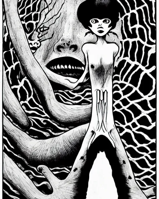 Image similar to ''Junji Ito creature, manga cover, horror, 4 legs, art by Junji Ito, black and white''