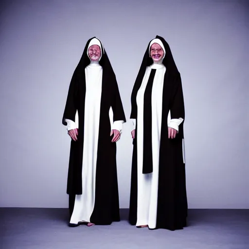 Image similar to award winning photo Floating twin nuns wearing translucent habits Very long arms, smiling, in a sanctuary, eerie, frightening, glowing eyes —width 1024 —height 1024