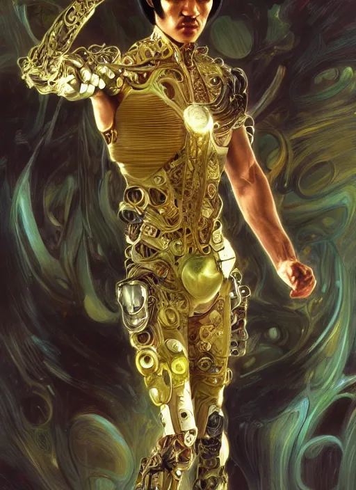 Image similar to bruce lee as a organic cyborg, diffuse lighting, fantasy, intricate, elegant, highly detailed, lifelike, photorealistic, digital painting, artstation, illustration, concept art, smooth, sharp focus, art by john collier and albert aublet and krenz cushart and artem demura and alphonse mucha