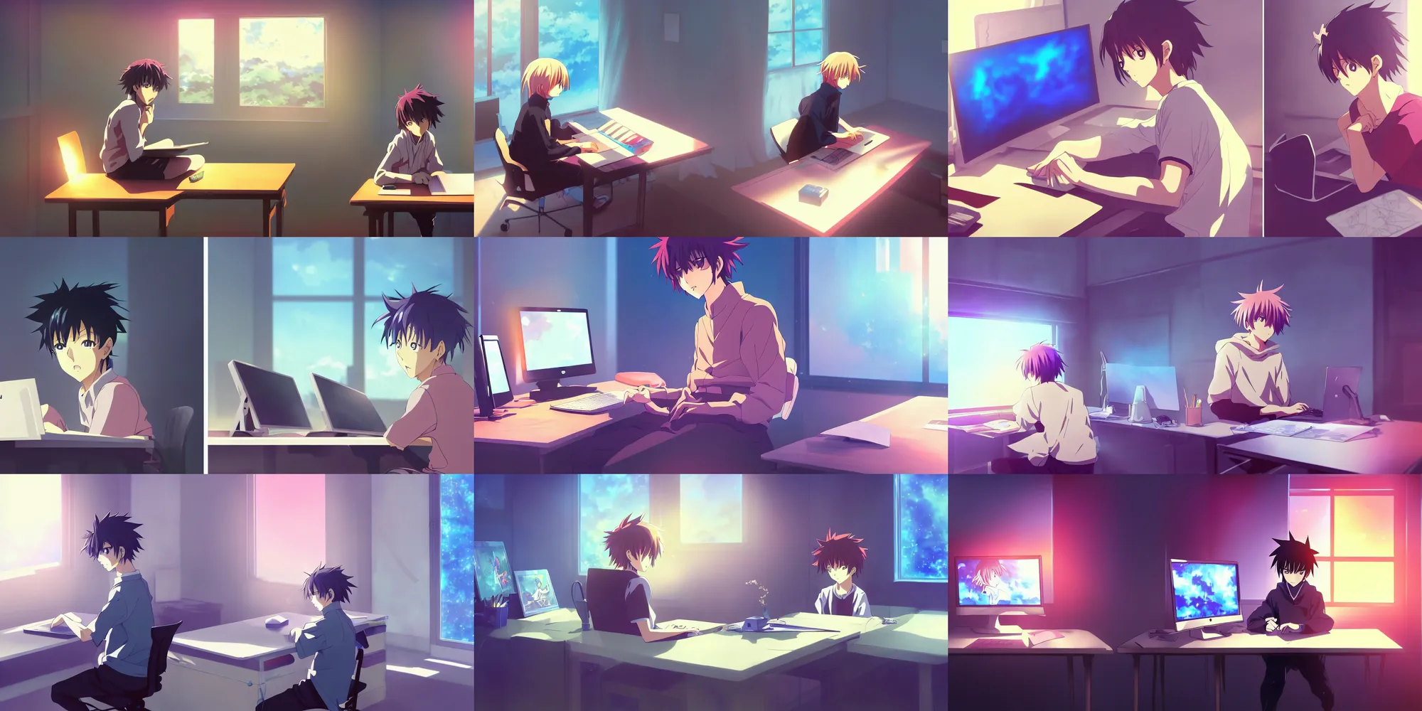 Prompt: a digital painting of an anime bedroom ; close up of a ( ( young anime man ) ) sitting at his desk, tired and staring at the computer while drawing on a wacom tablet ; a hd screenshot from the anime film ; dramatic lighting and composition, beautiful colours, trending on artstation, back view