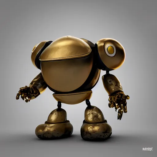 Image similar to a small chubby bot, smooth panelling, one large gold eye intricate detail, style of pokemon, with damaged rusty arms, broken antenna, recycled, floating, white studio, oil, mechanical, toy, ambient light, in the style of pixar animation, pokedstudios, blender, octane render, 8 k,