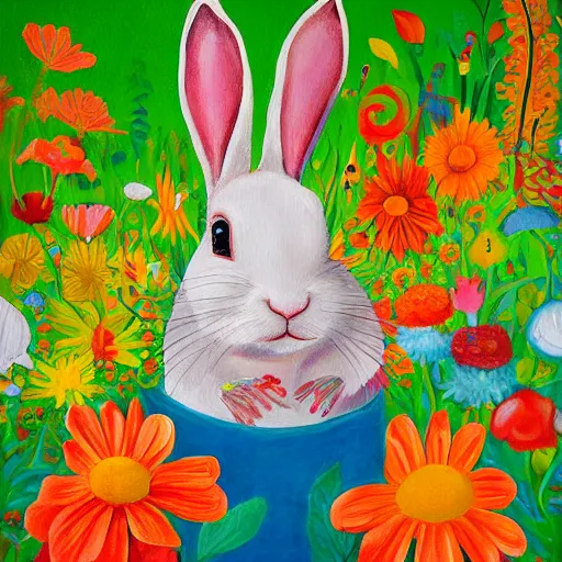 Image similar to The painting is a beautiful and playful work that perfectly encapsulates the artist\'s unique style. The painting features a rabbit made out of ceramic, which is surrounded by brightly colored flowers. The work is both charming and sophisticated, and it is sure to bring a smile to any viewer\'s face. Hadean by Mike Winkelmann, by Walter Percy Day