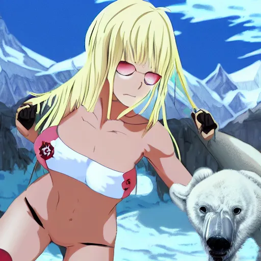 Prompt: bicolor - eyed blonde muscular anime girl in bikini riding a polar bear in the snowy mountains background