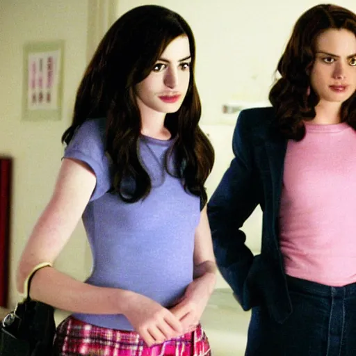 Prompt: movie still of anne hathaway in the mean girls movie from 2004