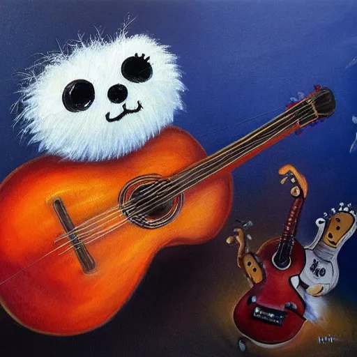 Image similar to medium shot, cute lucas the spider, fluffy spider, plays the guitar, 3 d art, oil painting
