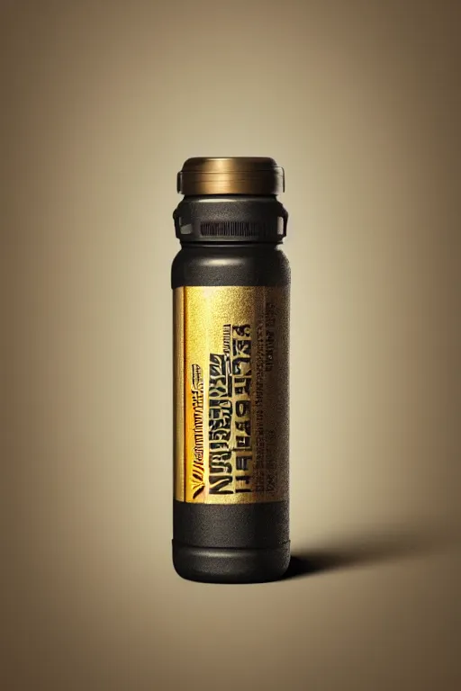 Prompt: concept art of a north face brand dietary supplement in a transparent modern rounded bottle filled with gold brown iridescent liquid, black top, it is written tmic instead of the north face, by greg rutkowski, white tones, white background, digital painting, artstation, concept art, smooth, sharp foccus ilustration hq