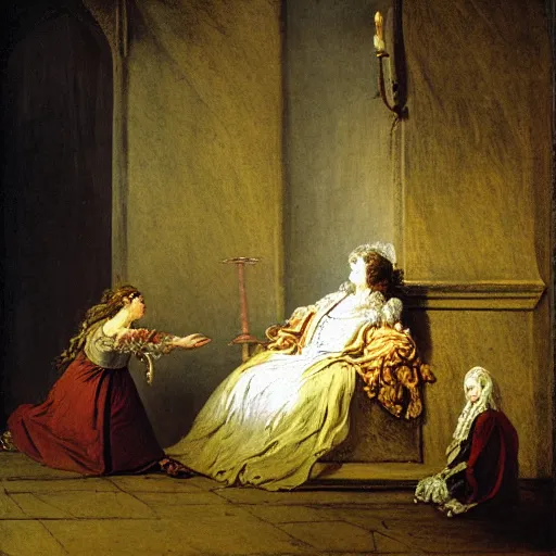 Image similar to a story about a witch begging for her life in a church, by jean honore fragonard,