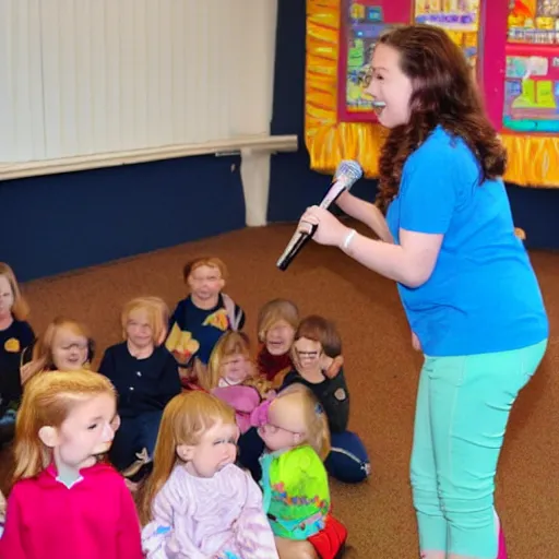 Prompt: ms rachel performing a song for an audience of preschoolers