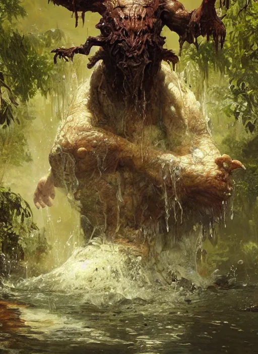 Prompt: huge towering brute swamp demon king emerging from lake on sunny day, splashing, by sergey kolesov and lawrence alma tadema and norman rockwell and greg staples and craig mullins and john berkey and ruan jia, artstation creature art, photoreal