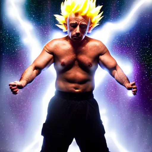 Image similar to uhd candid photo of cosmic joe rogan as a super sayian powering up, glowing, global illumination, studio lighting, radiant light, hyperdetailed, correct face, elaborate intricate costume. photo by annie leibowitz