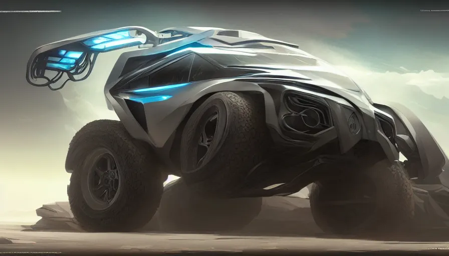 Prompt: a futuristic offroad suv by artgerm and greg rutkowski and alphonse mucha, zaha hadid, an epic fantasy, volumetric light, detailed, trending on art station, octane render, shadow of the tomb rider