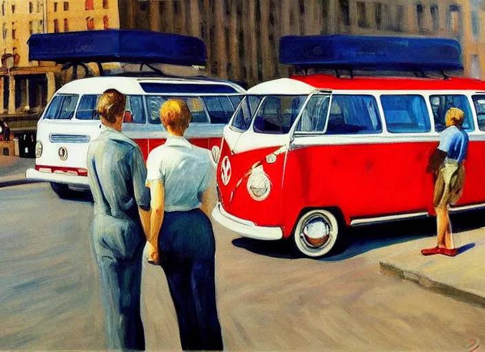 Image similar to detailed painting two young men and women in front of blue vw bus by edward hopper, bernardo bertolucci dreamers movie scene