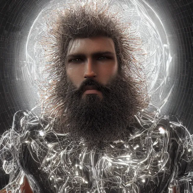 Image similar to realistic, dark hairy handsome man, love, joy, complex cybernetic beings, glowing hair, vortexes, large array, ornate hair, 3 d model, fish eye, round form, cinematic light shadows, wet hdr refractions, insanely detailed rendering, artstation, 8 k, * * * * *